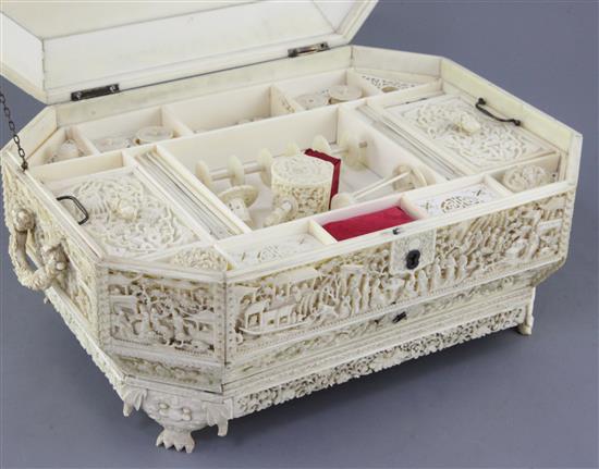 A good and impressive Chinese export ivory sewing casket, 19th century, width 39cm depth 27cm height 18.5cm